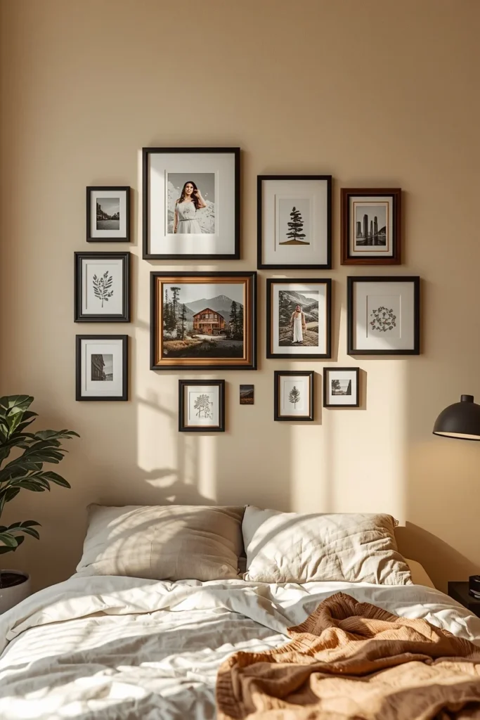 22 Beautiful Bedroom Ideas That Turn Your Room Into a Personal Sanctuary 23 bedroom, featuring a gallery wall of mixed-size black and wood frames