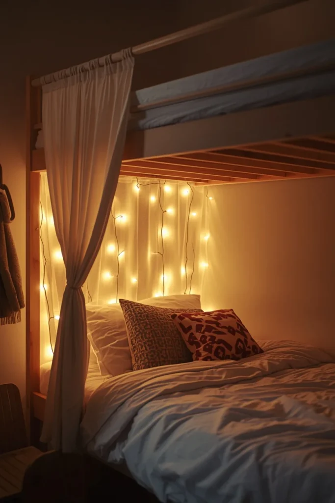 dorm room, featuring a lofted twin XL bed with a lightweight curtain rod