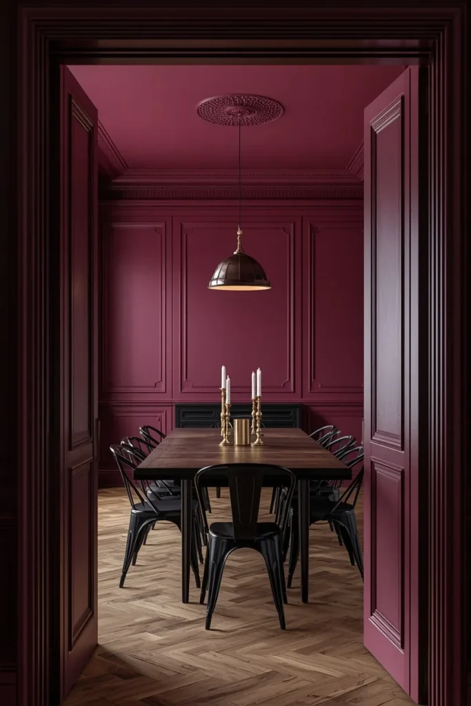 dining room, featuring a deep aubergine ceiling matching the walls, dark wood dining table with black metal chair