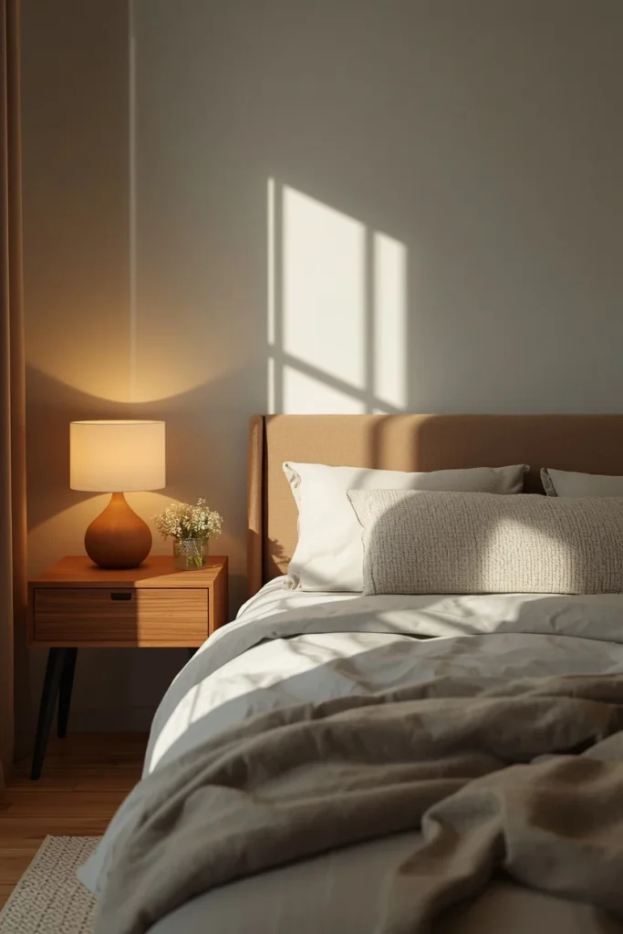 24 Cozy Bedroom Ideas That Make You Never Want to Leave Your Bed 23 small bedroom close-up, featuring matching slim wood nightstands