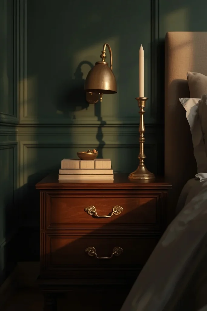  bedside styling, featuring a vintage dark wood nightstand 