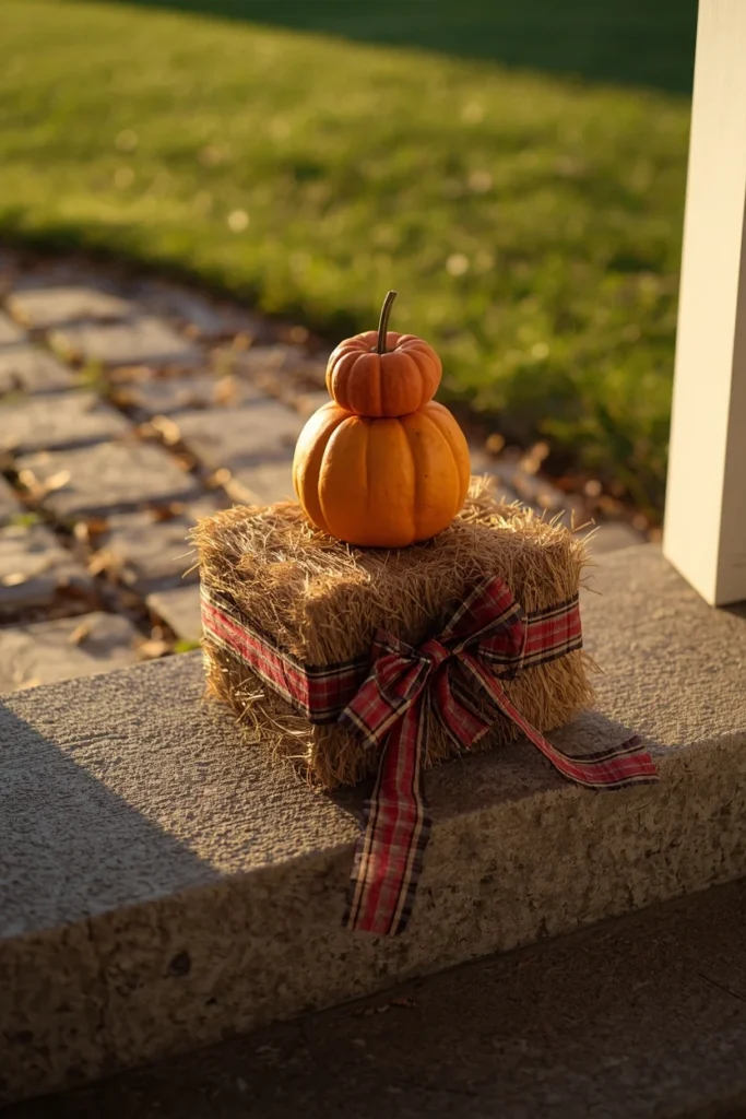 front walkway steps, featuring a small hay bale 