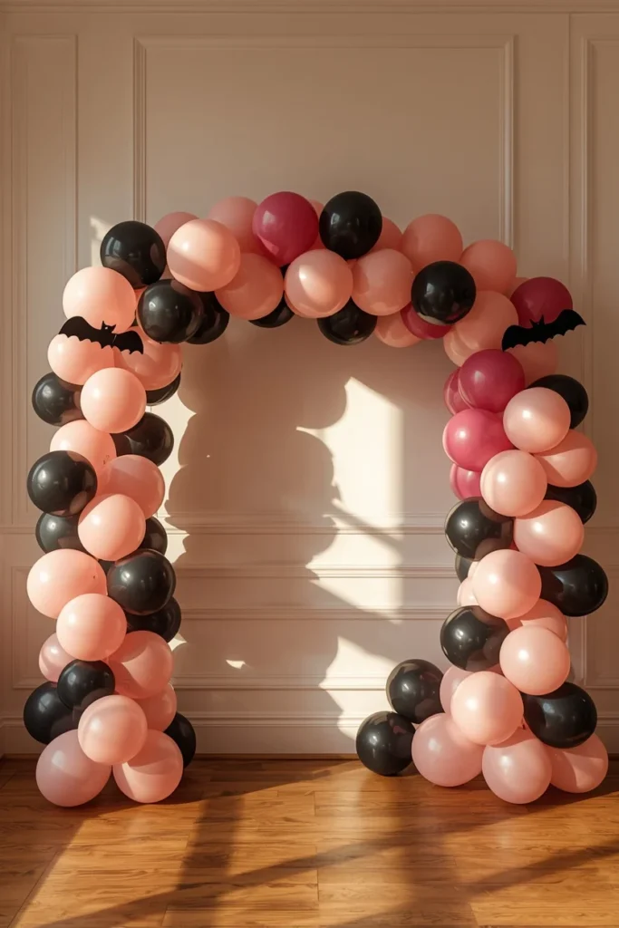 party backdrop, featuring an organic balloon garland in blush, hot pink, and black balloons