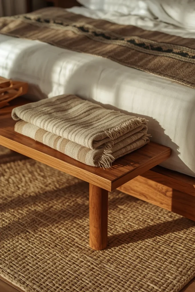 23 Afrobohemian Bedroom Ideas for Warm, Earthy, Soul-Filled Nights 24 bedroom foot-of-bed detail, featuring a wooden bench layered