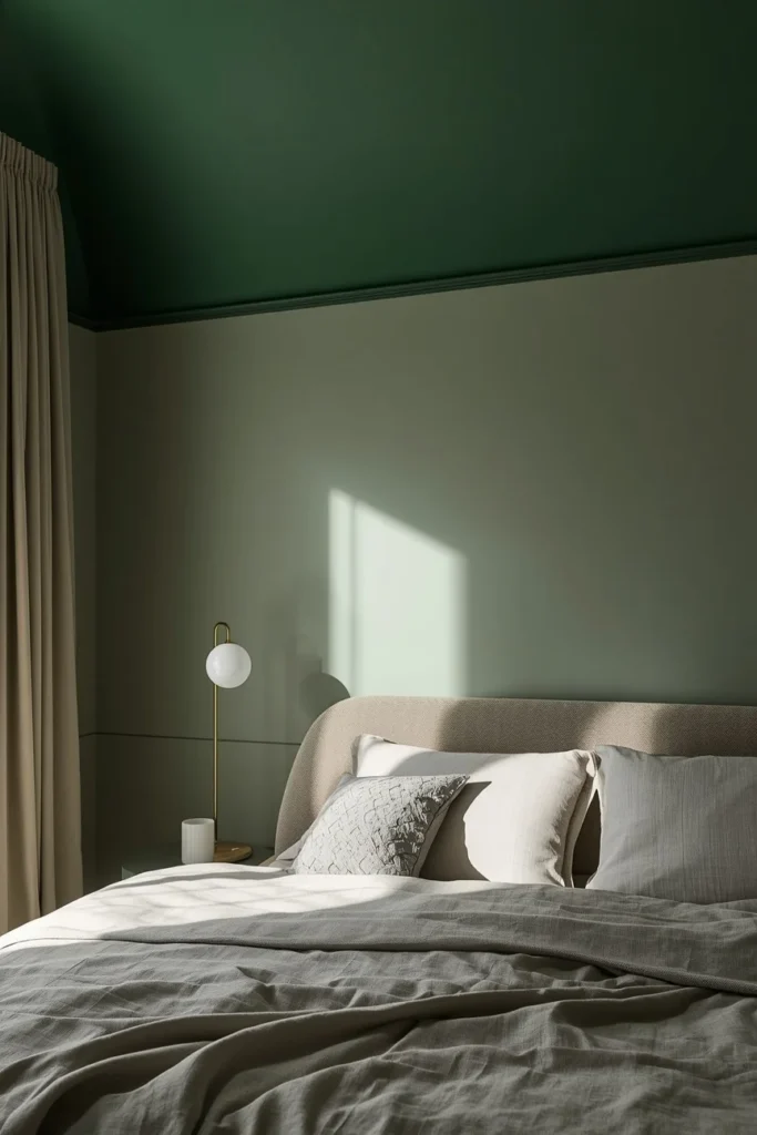  bedroom, featuring walls in mid-tone sage green with the ceiling capped in a deeper forest green
