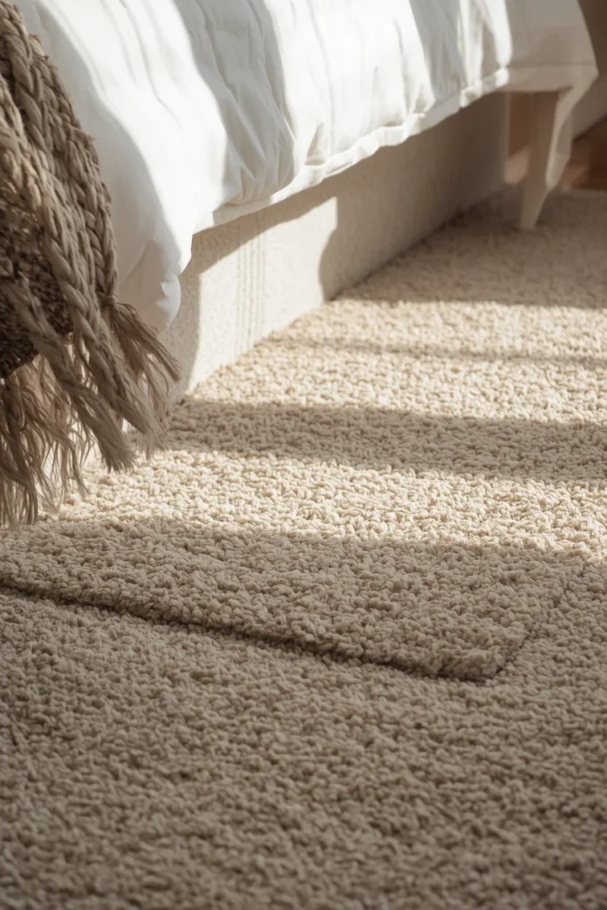 24 Cozy Bedroom Ideas That Make You Never Want to Leave Your Bed 24 bedroom floor close-up, featuring a textured neutral wool area rug