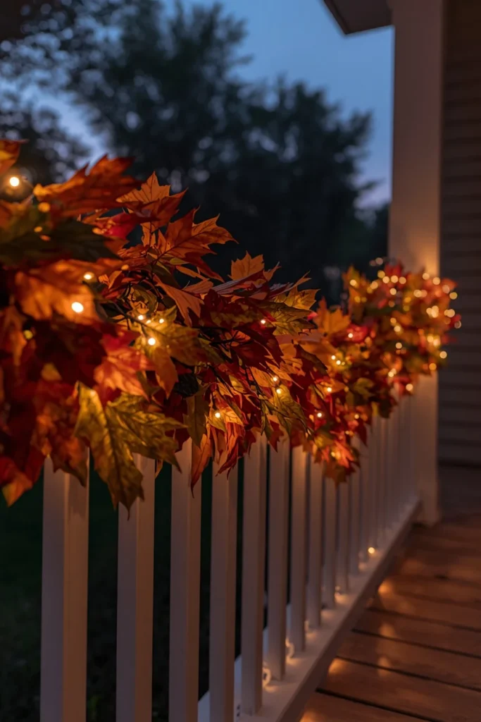 front porch railing at dusk, featuring faux autumn leaf 