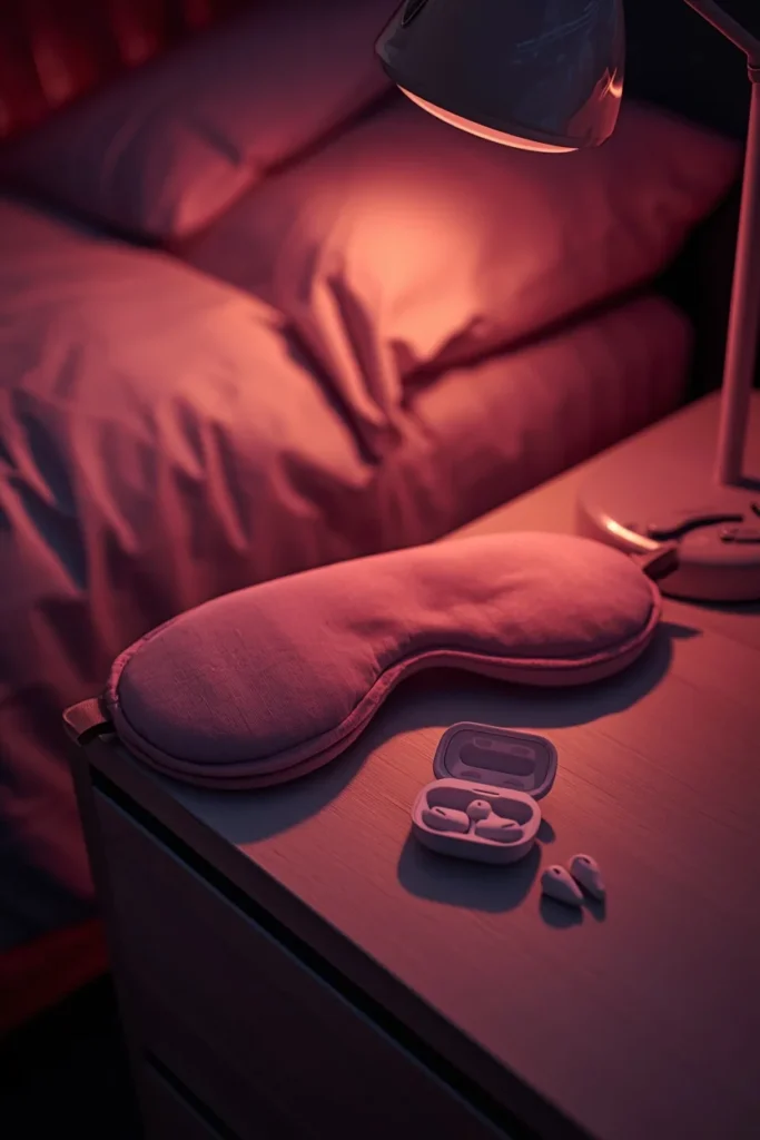  dorm room close-up, featuring a soft eye mask and a small pack of foam earplugs