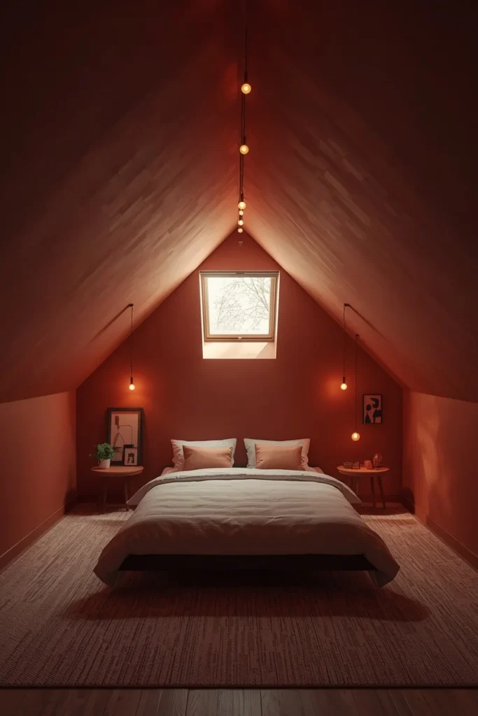 attic bedroom, featuring sloped angled ceilings painted the same warm terracotta as the walls,