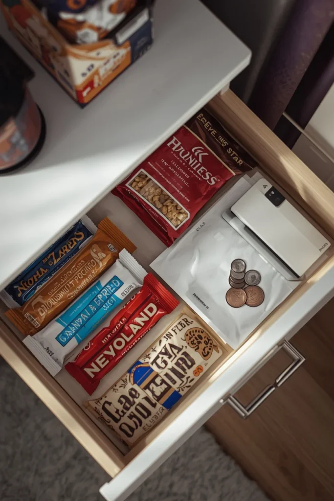 dorm room close-up, featuring an open desk drawer with neatly organized granola bars