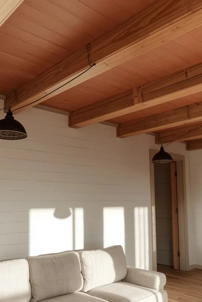 farmhouse living room, featuring exposed wood beams and ceiling painted the same soft clay tone