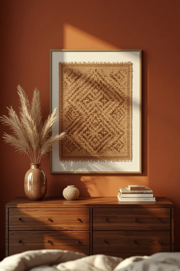 23 Afrobohemian Bedroom Ideas for Warm, Earthy, Soul-Filled Nights 4 bedroom vignette, featuring a framed Kuba cloth textile artwork
