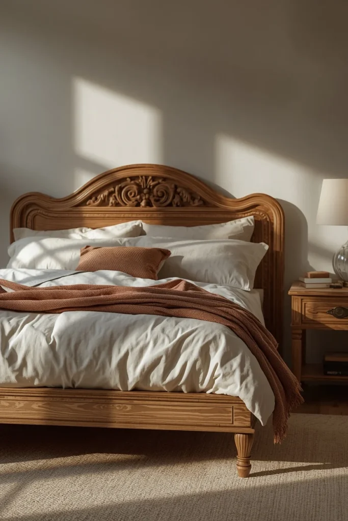 bedroom, featuring a low carved wood platform bed with visible hand-carved headboard