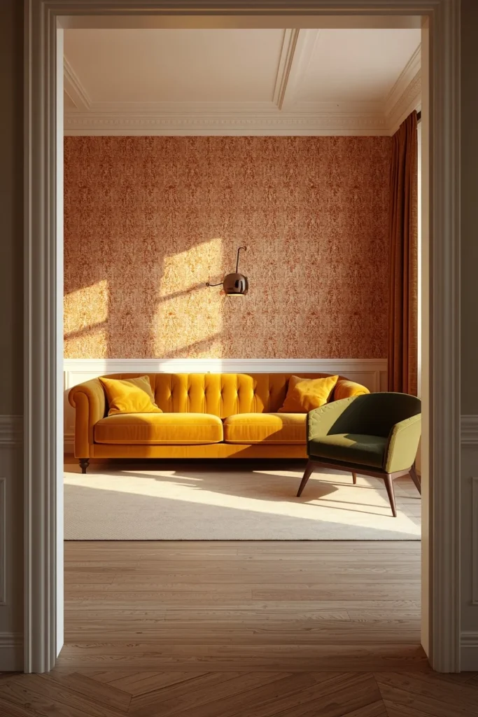 c living room wide angle shot, featuring one accent wall covered in rust and cream ikat-print wallpaper