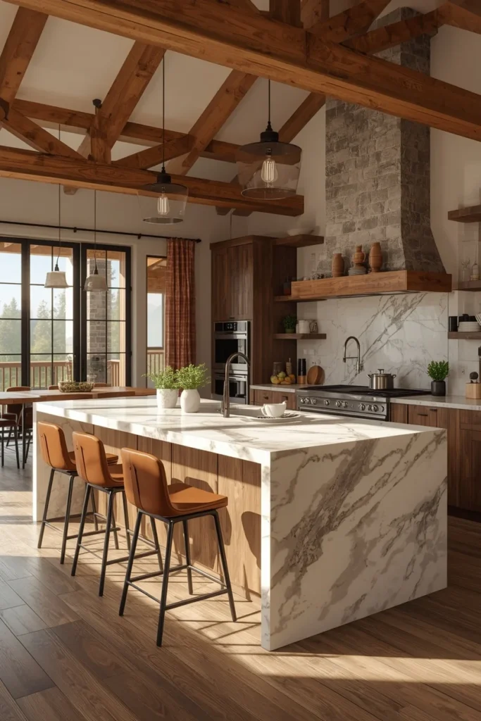 barndominium kitchen, featuring an oversized waterfall quartz island 