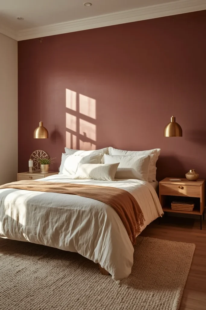 21 Bedroom Color Schemes That Make Your Room Feel Like a Boutique Hotel 4 Bedroom with dusty plum matte walls, cream linen bedding