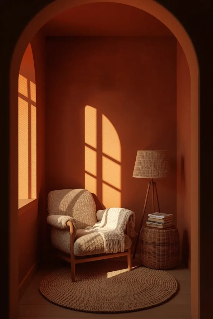  reading nook, featuring a warm terracotta ceiling and wall in matching tone, a single boucle armchair