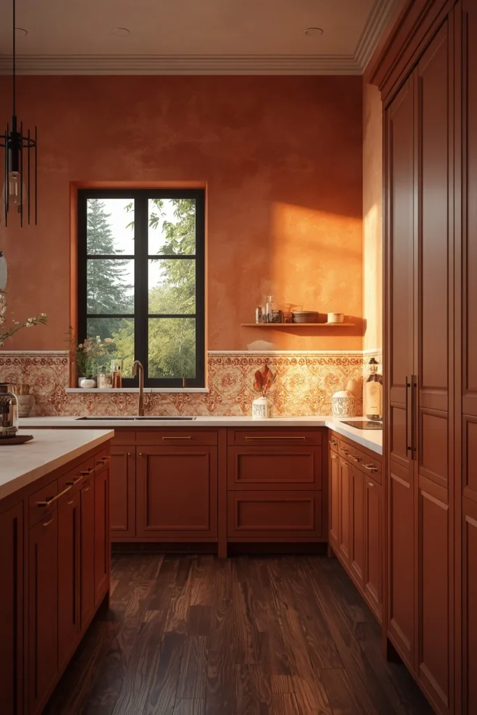  kitchen, featuring terracotta Venetian plaster walls and matching terracotta cabinetry,
