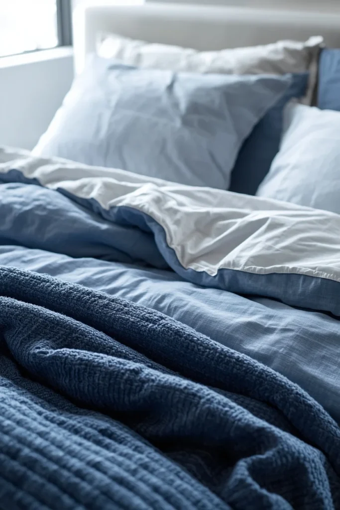  close-up bedding shot, featuring layered tone-on-tone blue bedding from pale chambray sheets 