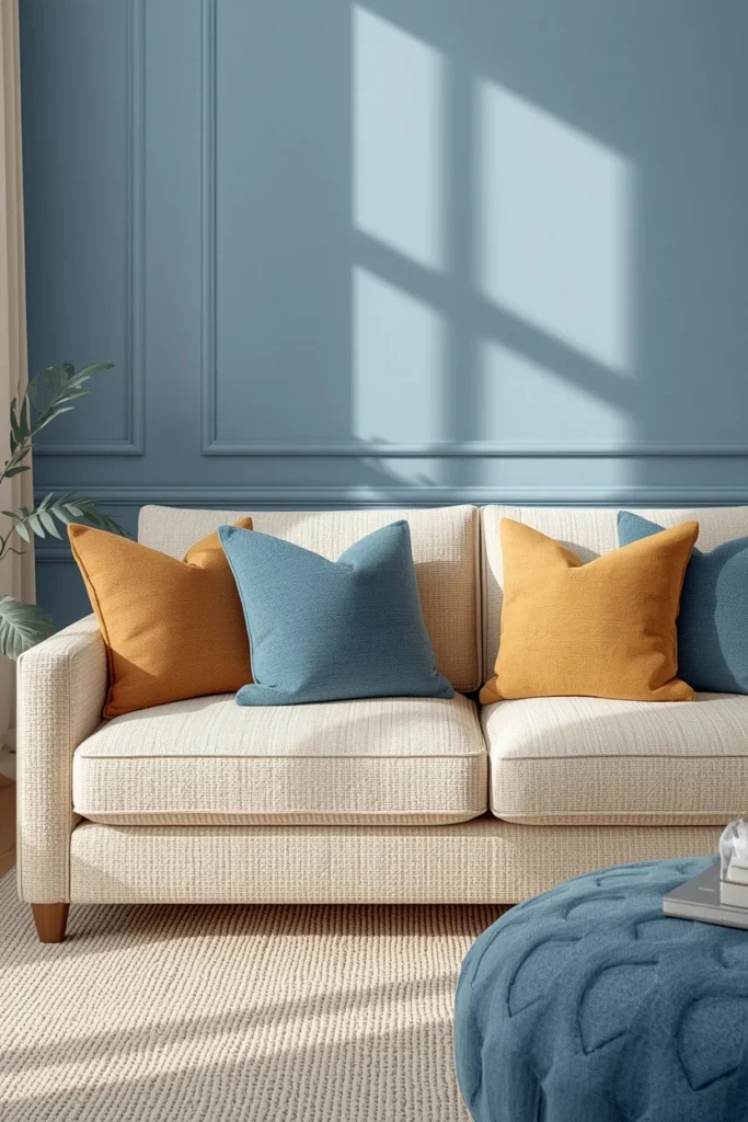  living room, featuring a cream boucle sofa layered with tonal blue and warm cream throw pillows