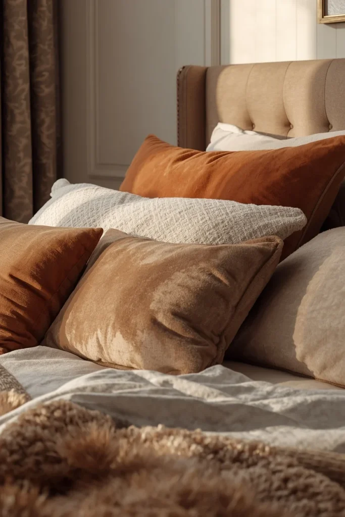 24 Cozy Bedroom Ideas That Make You Never Want to Leave Your Bed 4 bedroom close-up, featuring an oversized pile of mixed-texture pillows