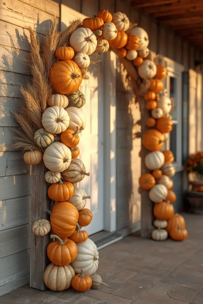 18 DIY Halloween Archway Ideas That Wow Trick-or-Treaters 4 farmhouse front porch archway, featuring a mix of orange, white, and cream pumpkins