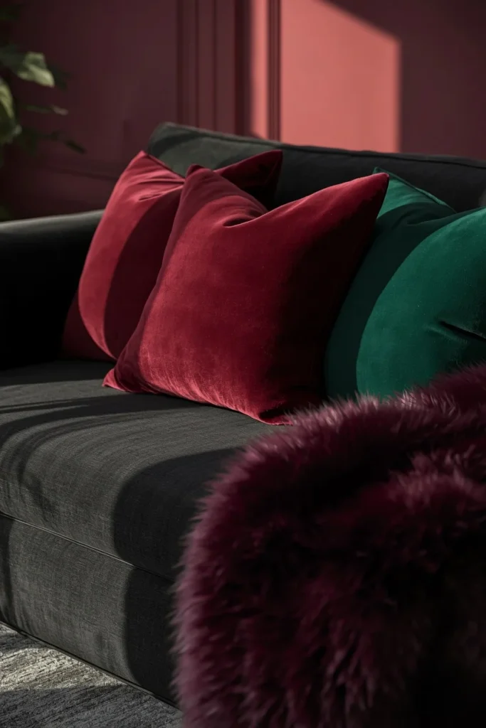  dark living room sofa, featuring layered burgundy velvet and emerald green throw pillows