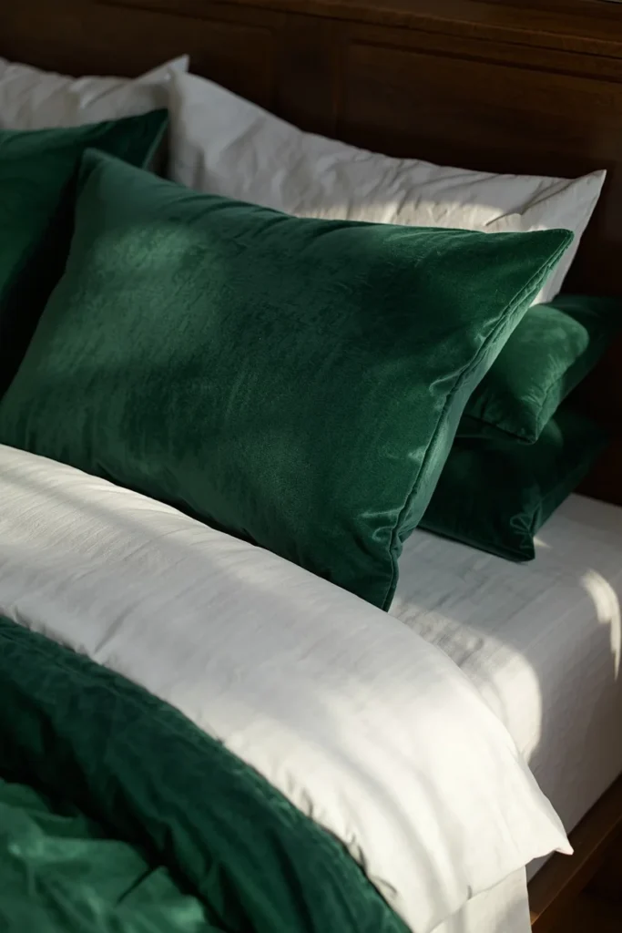 bed styling close-up, featuring a deep emerald velvet duvet