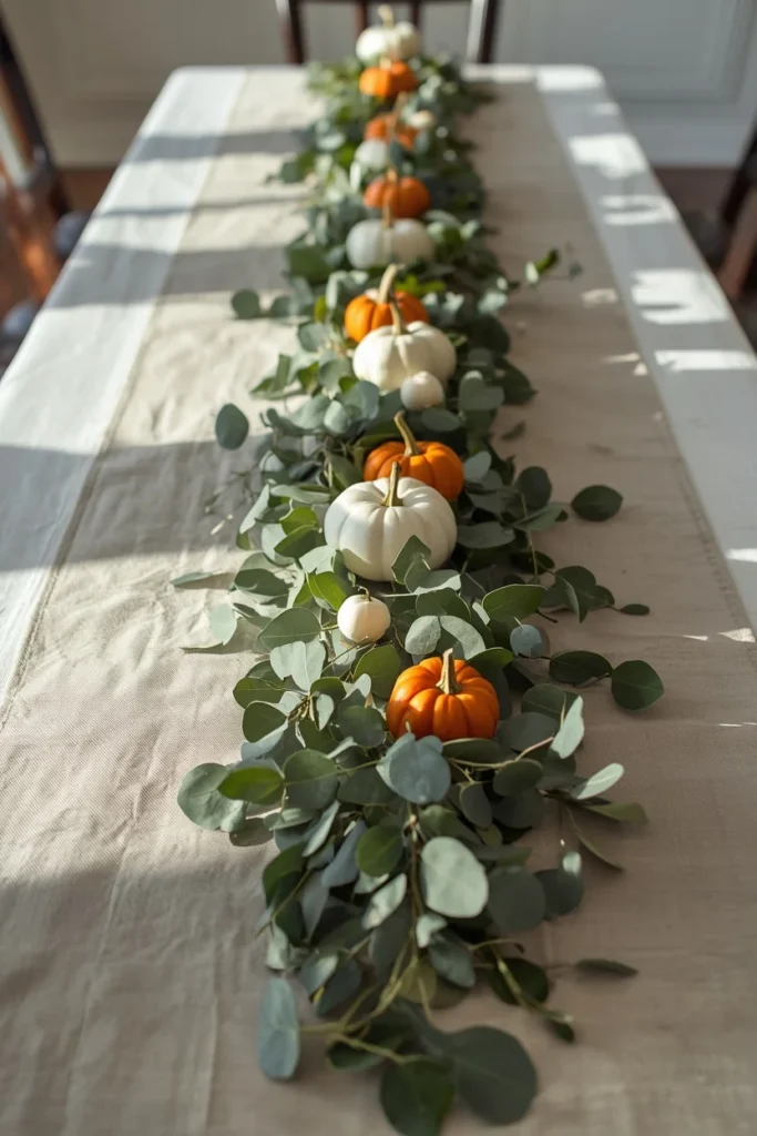 21 Fall Centerpiece Ideas That Take Minutes to Put Together (Easy + Budget-Friendly) 4 long dining table runner shot, featuring a draped eucalyptus garland with mini white and orange pumpkins