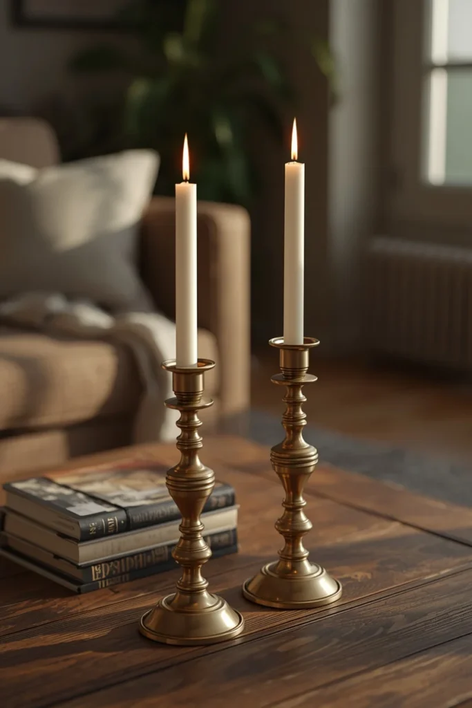 20 Fall Coffee Table Decor Ideas to Steal This Season 4 a pair of mismatched vintage brass candlesticks