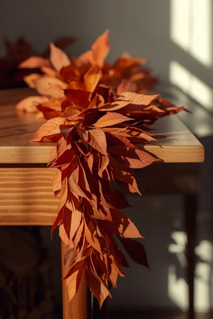  desk decor, featuring a dried leaf garland draped along the back edge of a wooden desk