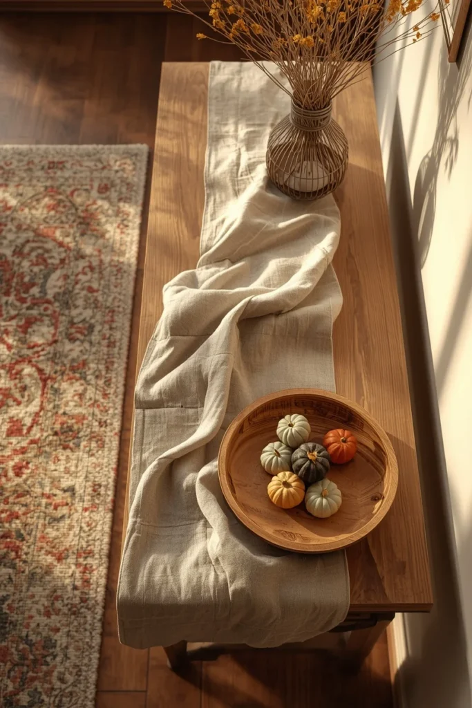 16 Fall Entry Table Decor Ideas That Wow Guests Instantly-Cozy Autumn Entryway Styling 4 entryway console table, featuring a draped oatmeal linen table runner with natural wrinkles