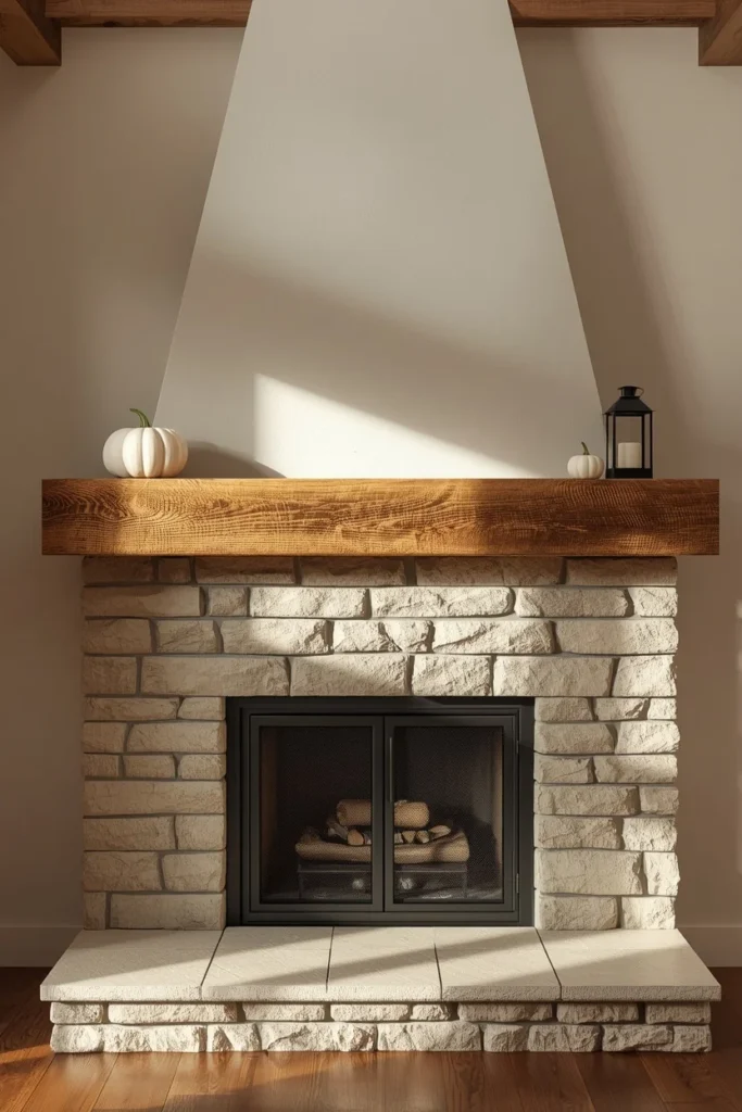  fireplace mantel, featuring a thick reclaimed wood beam mantel 