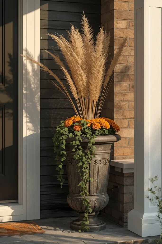 19 Fall Planter Ideas That Bring Instant Curb Appeal 4 front porch, featuring a tall layered planter with feathery ornamental grasses, orange mums,