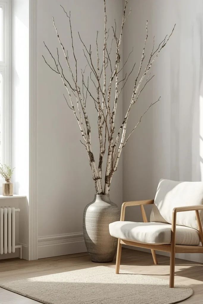 18 Fall Tree Ideas to Decorate Your Home Like a Magazine 4 living room corner, featuring tall bare birch branches with white bark