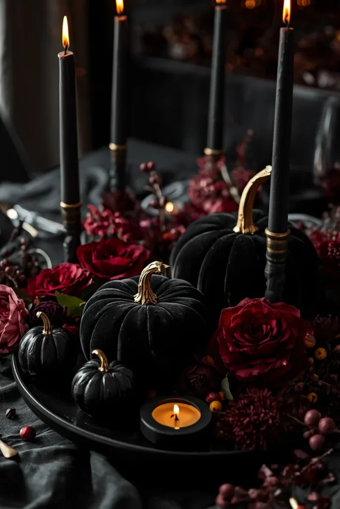 centerpiece, featuring black velvet pumpkins on a black tray