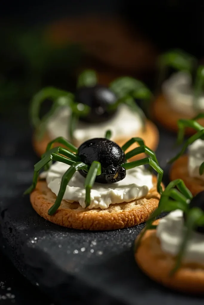 close-up of charcuterie board crackers, featuring cream cheese rounds topped with black olive spiders 