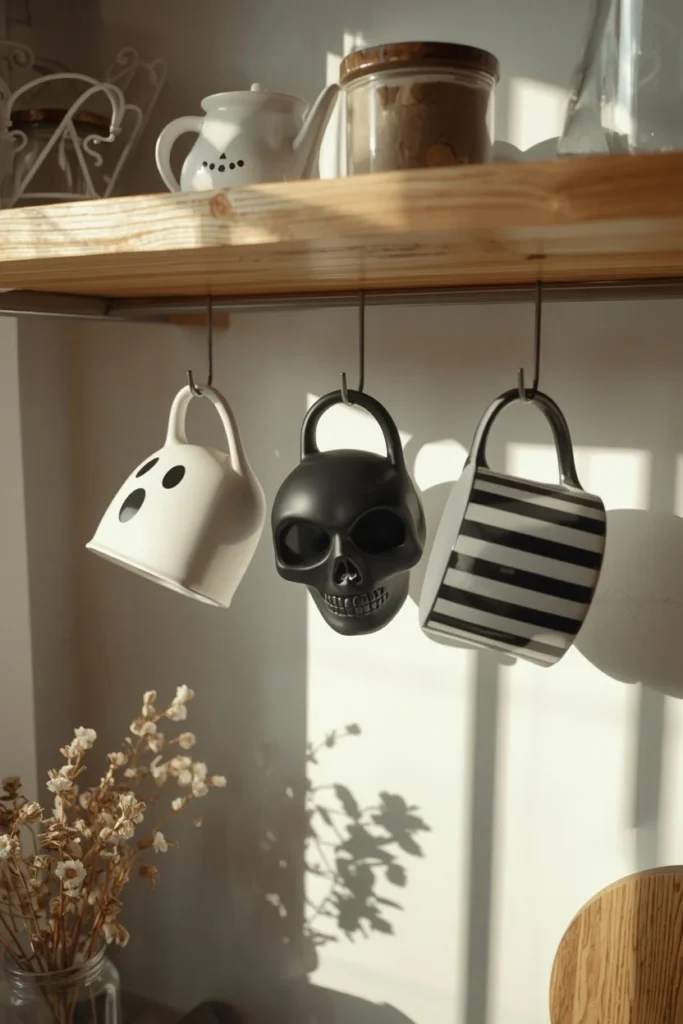 open shelf styling shot, featuring a ghost-shaped white mug, a matte black skull mug