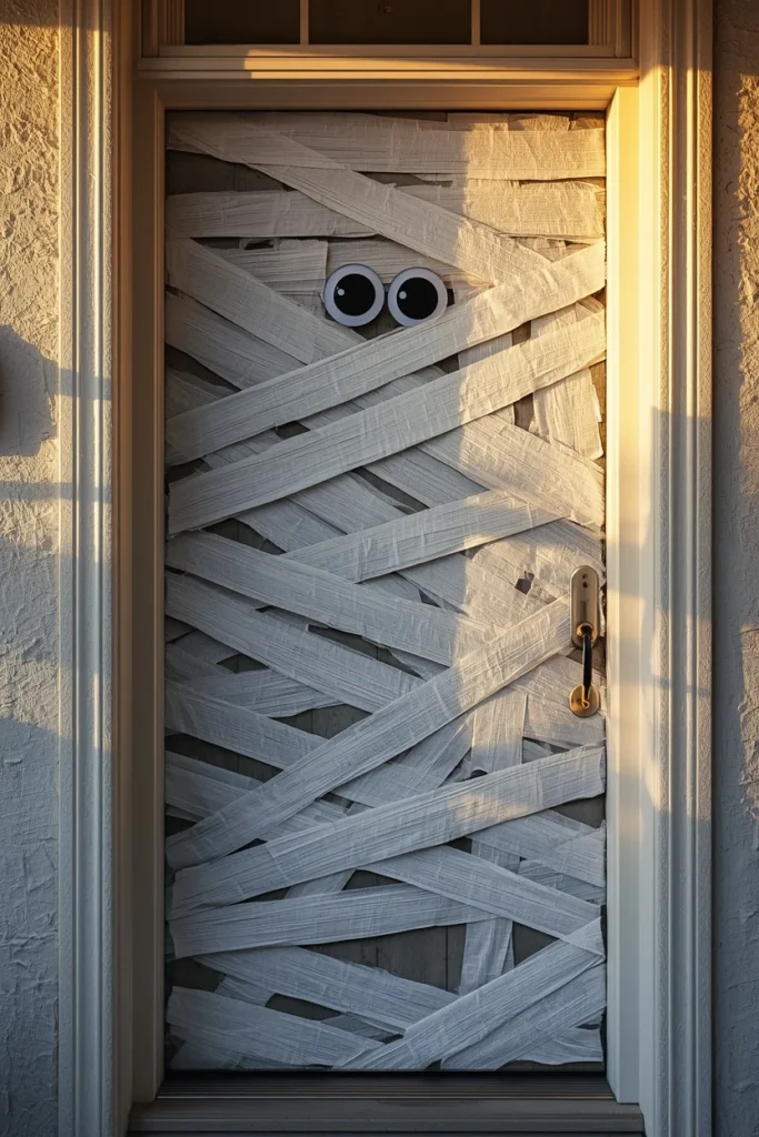 front door decorated for Halloween, featuring a door completely wrapped