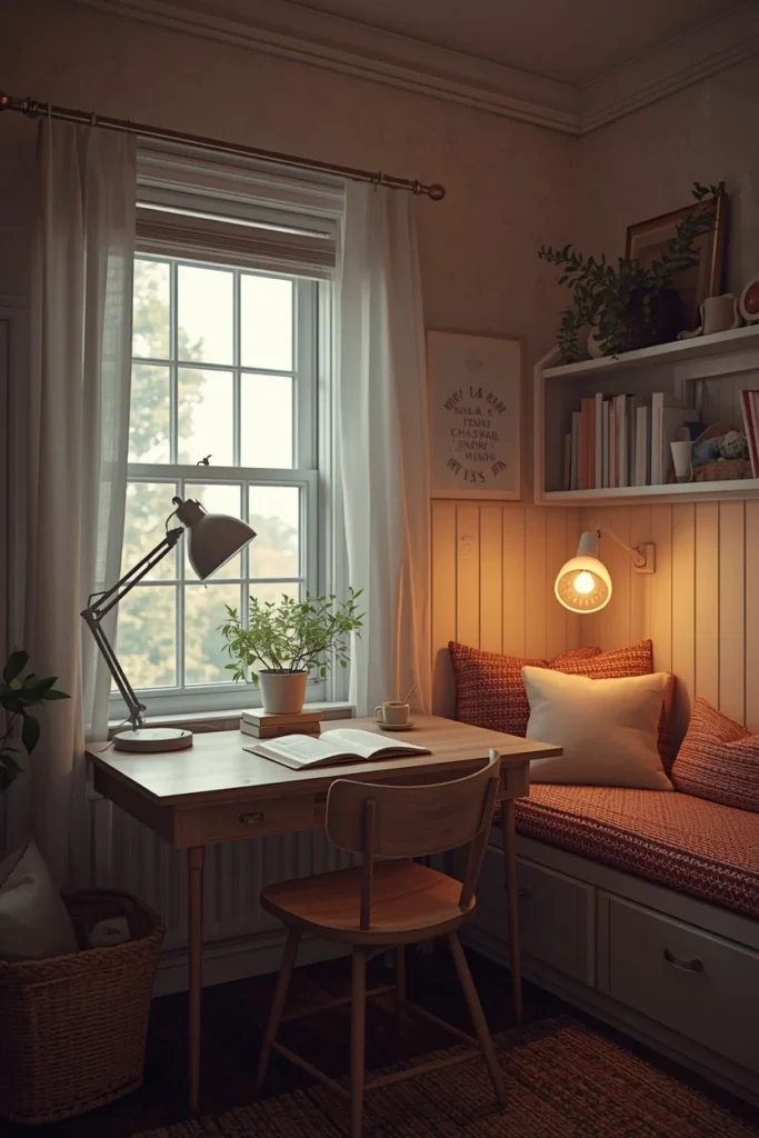  homeschool room, featuring layered lighting with natural window light,