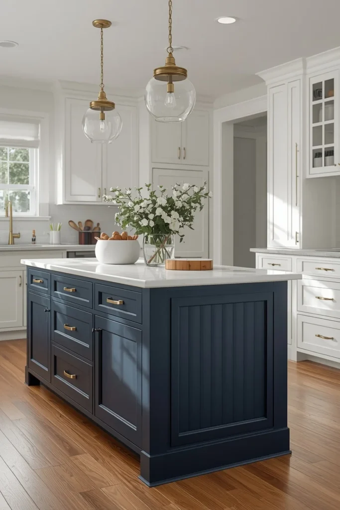 19 Modern Farmhouse Kitchens That Nail Cozy Meets Contemporary 4 farmhouse kitchen, featuring a deep navy blue island,