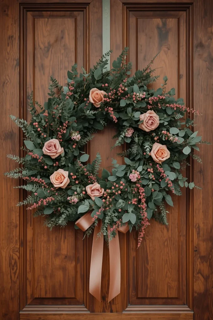 15 Pink Fall Decor Ideas for a Softer Take on Autumn 4 front door, featuring a natural greenery wreath with dusty pink and blush floral accents