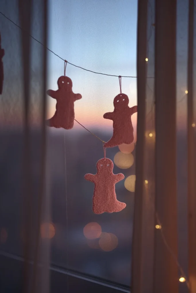  apartment window nook, featuring three blush-pink felt ghost cutouts