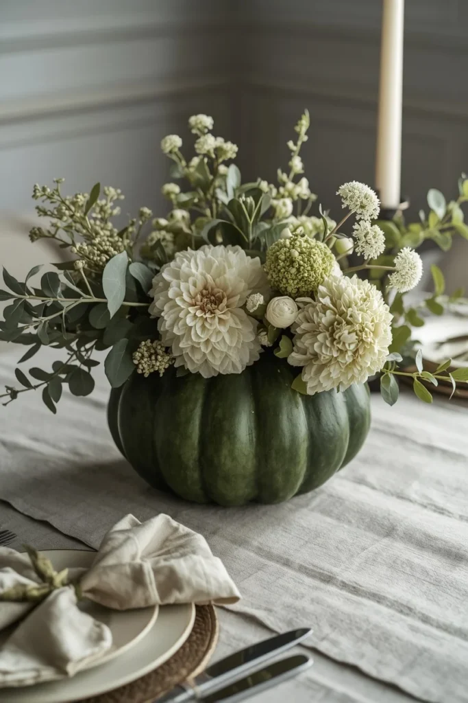 15 Pumpkin Floral Arrangement Ideas for Fall Tables That Feel Effortlessly Elegant 4 dining table, featuring a heirloom green pumpkin filled with sage, eucalyptus, pale green hydrangea,