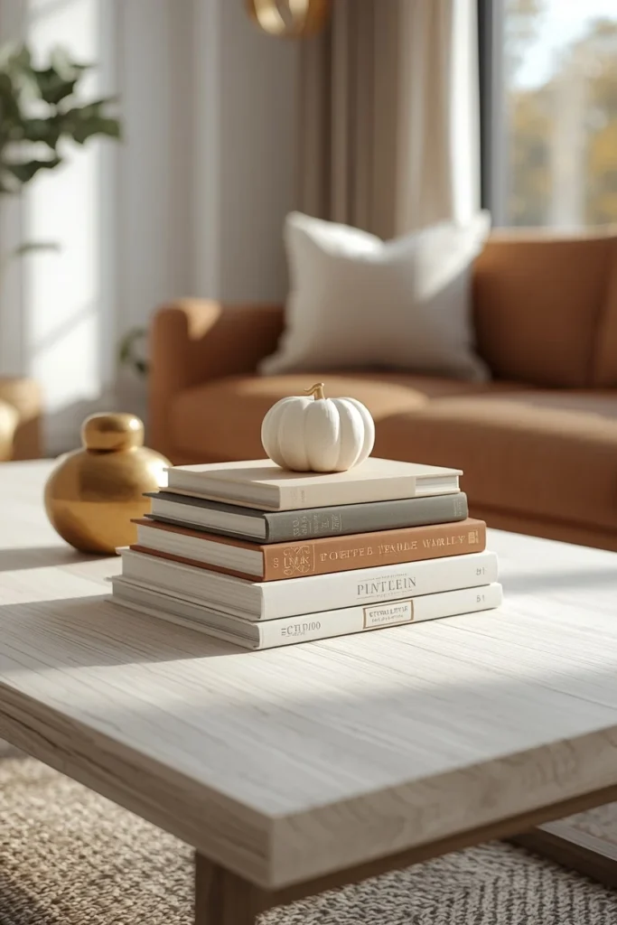 17 Rectangle Coffee Table Fall Decor Ideas That Just Work 4 living room, featuring a rectangular white oak coffee table with a stack of four cream