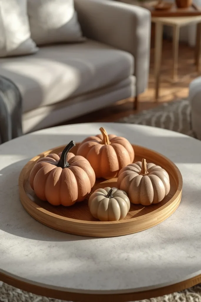  living room, featuring a round coffee table with a cluster of three matte ceramic pumpkins