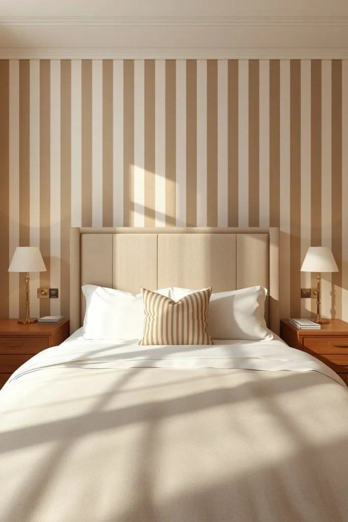 small bedroom, featuring soft tonal vertical striped wallpaper on the headboard wall in cream and warm beige