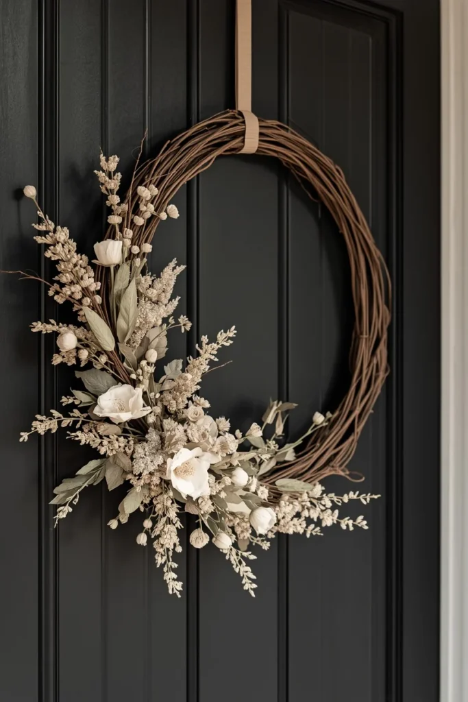 front door wreath close-up, featuring an asymmetrical wreath 