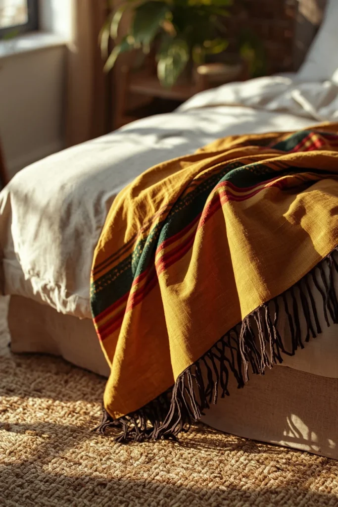 23 Afrobohemian Bedroom Ideas for Warm, Earthy, Soul-Filled Nights 5 bedroom close-up, featuring a folded gold, green, and red kente cloth