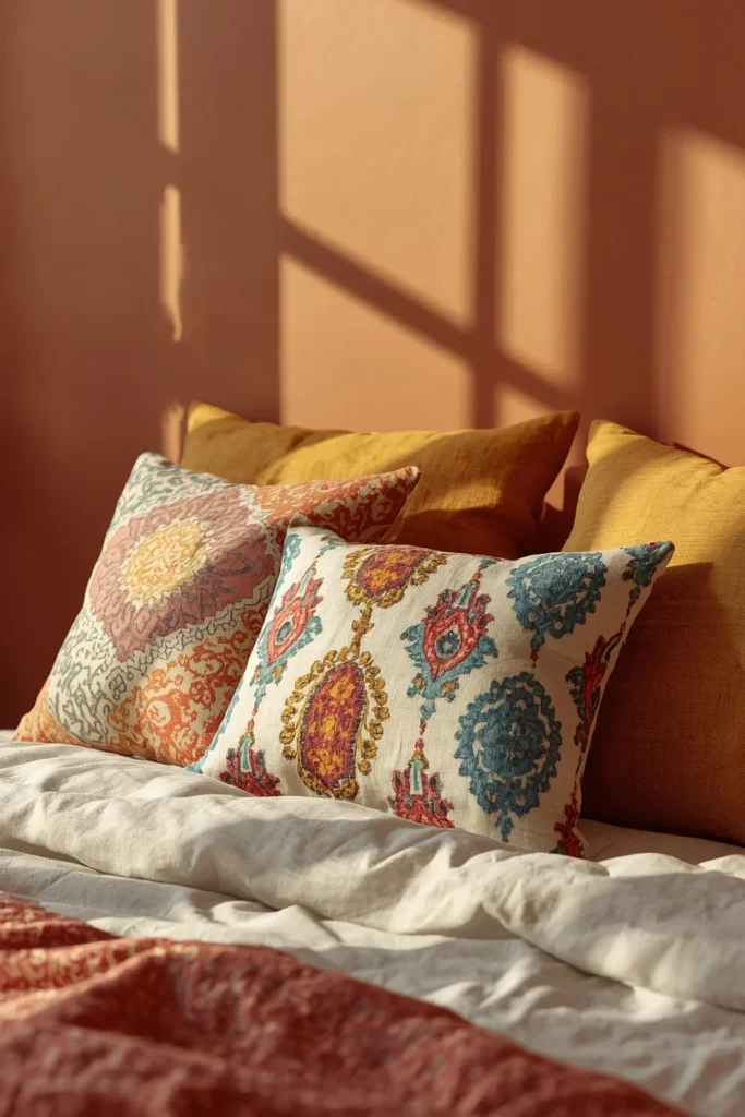  bed styling detail, featuring a mix of bold Ankara print throw pillows in warm reds, yellows